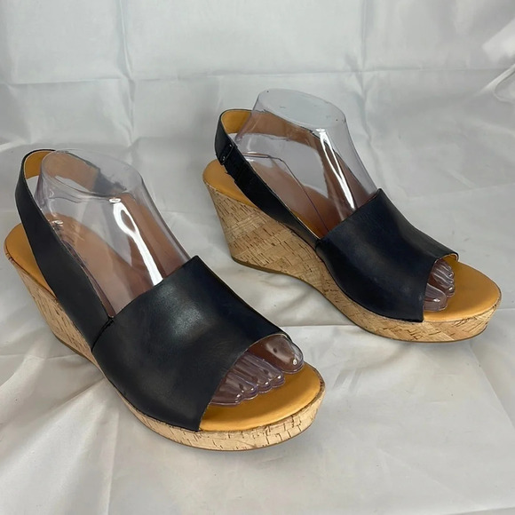 KORK-EASE Cork Wedge Sling-backs Navy Blue Leather Platform Open Toe Size 10 - Picture 13 of 13
